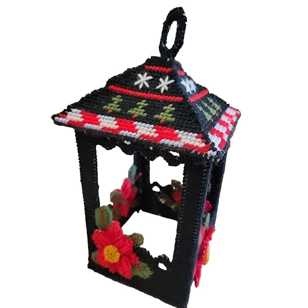 Vintage Christmas Needlepoint Pointsettia Lantern Plastic Canvas Handmade